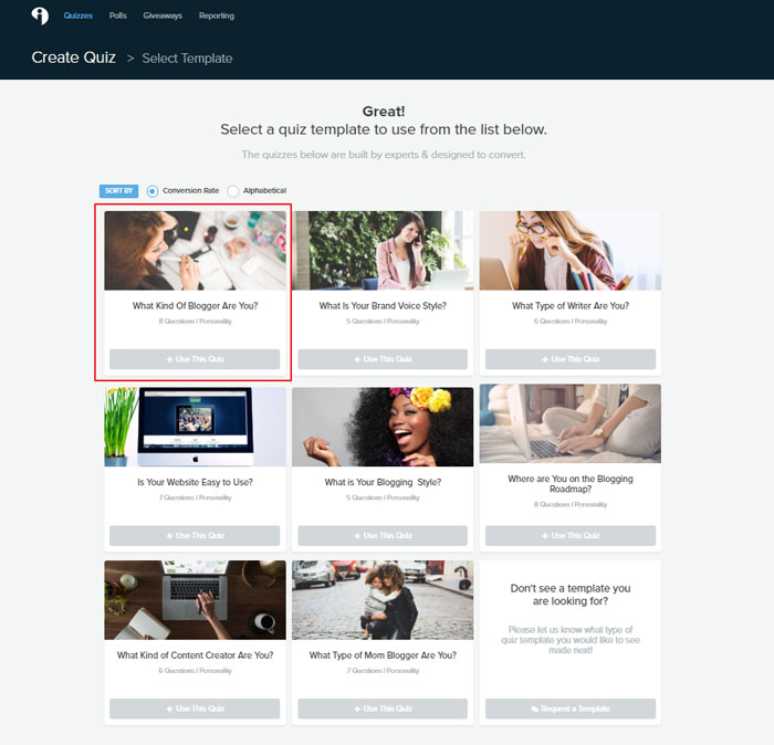 Select the quiz template
