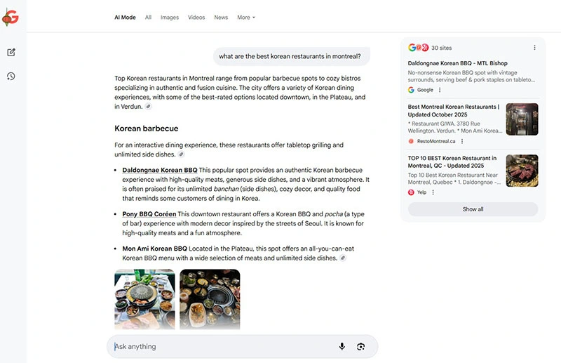 AI Mode providing an answer to a query
